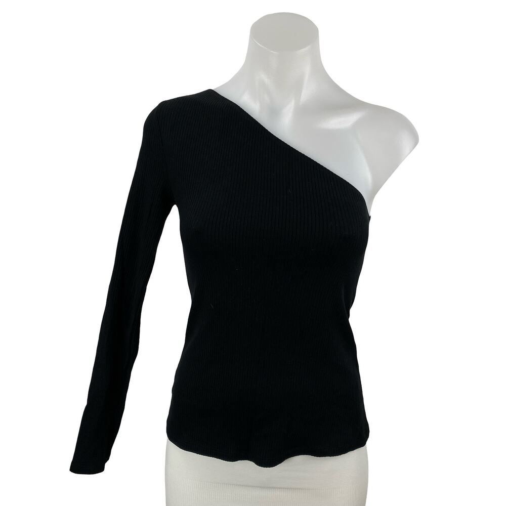Reformation Stewart Womens Black Ribbed Knit One Shoulder Sculpt Crop Top Size S